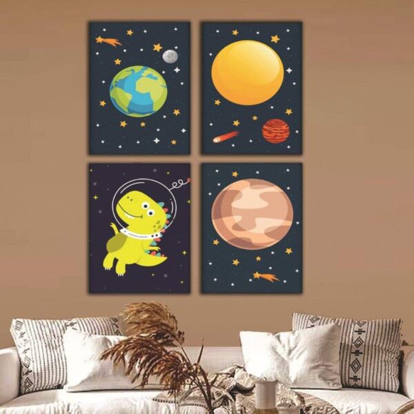 11 Kit com 4 Quadros em Lona Infantil Dinossauro Astronauta