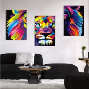 Kit com 3 Quadros em Lona Borda Infinita Leão Colors