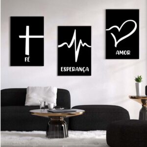 3 Kit com 3 Quadros em Lona Fé Esperança & Amor