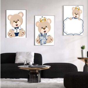 3 Kit com 3 Quadros em Lona Infantil Ursinho Príncipe