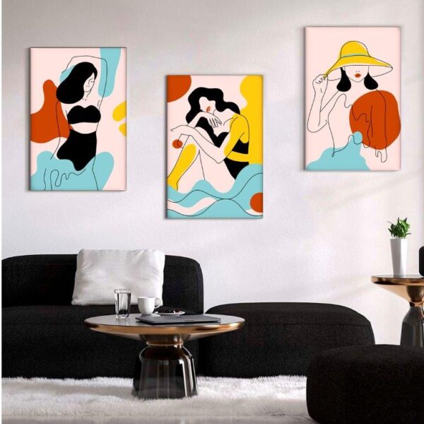 Kit com 3 Quadros em Lona Borda Infinita Arte Mulher