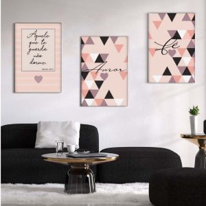 Kit com 3 Quadros em Lona Frases Amor & Fé