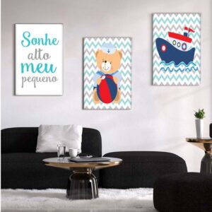 4 Kit com 3 Quadros em Lona Infantil Ursinho Marinheiro
