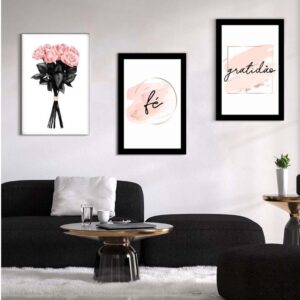 Kit com 3 Quadros em Lona Arte Floral Gratidão