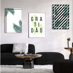 Kit com 3 Quadros em Lona Arte Floral Gratidão