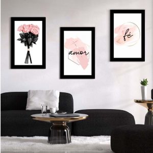 Kit com 3 Quadros em Lona Arte Floral Amor & Fé