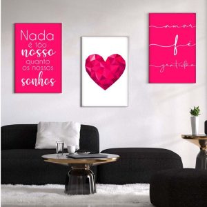 Kit com 3 Quadros em Lona Frases Coração