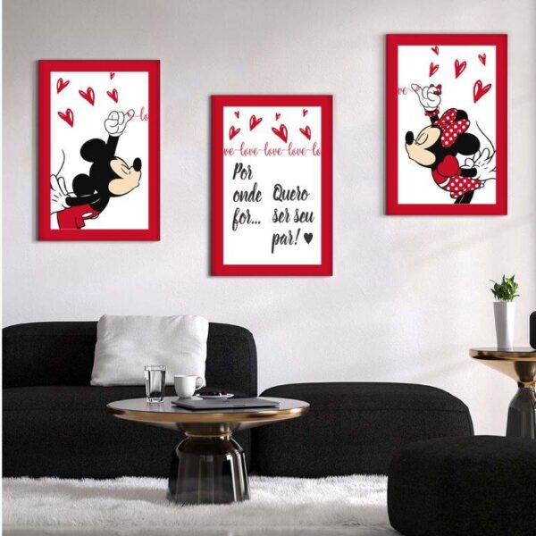 Kit com 3 Quadros em Lona Infantil Mickey & Minnie