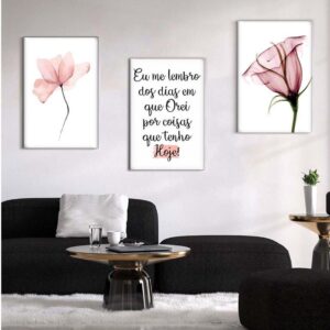 Kit com 3 Quadros em Lona Arte Floral