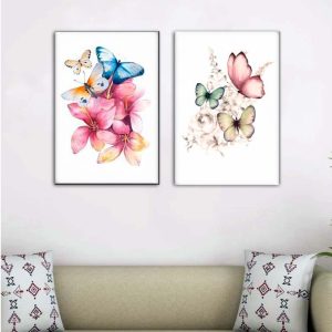 Kit com 2 Quadros em Lona Arte Floral Borboletas