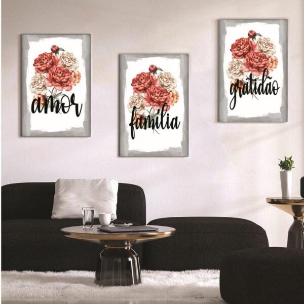 56 Kit com 3 Quadros em Lona Amor Família& Gratidão