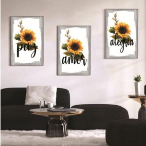 Kit com 3 Quadros em Lona Girassóis Paz & Amor