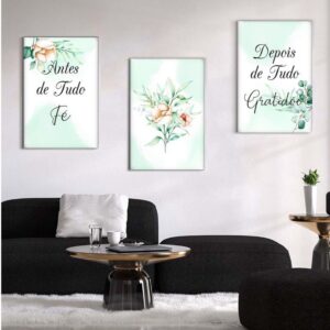 Kit com 3 Quadros em Lona Arte Floral Fé