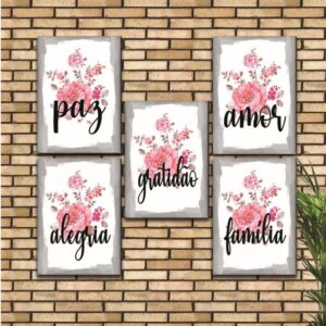 61 Kit com 5 Quadros em Lona Arte Floral Positividade