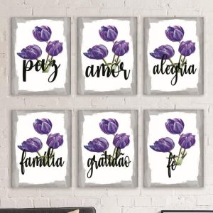 Kit com 6 Quadros em Lona Tulipas Roxas Positividade