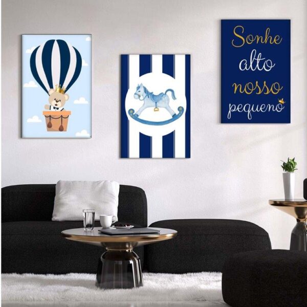 Kit com 3 Quadros em Lona Infantil Príncipe Ursinho