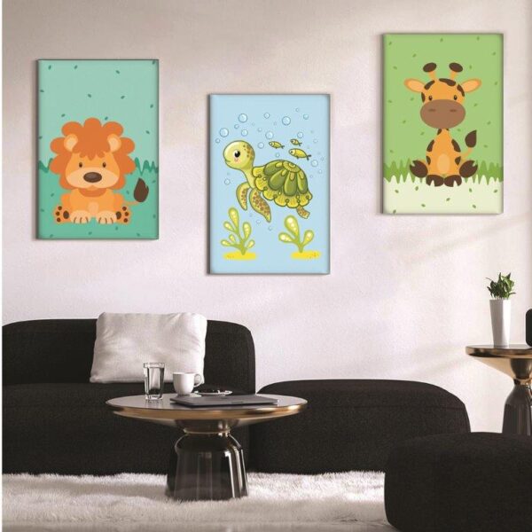 Kit com 3 Quadros em Lona Infantil Animaizinhos
